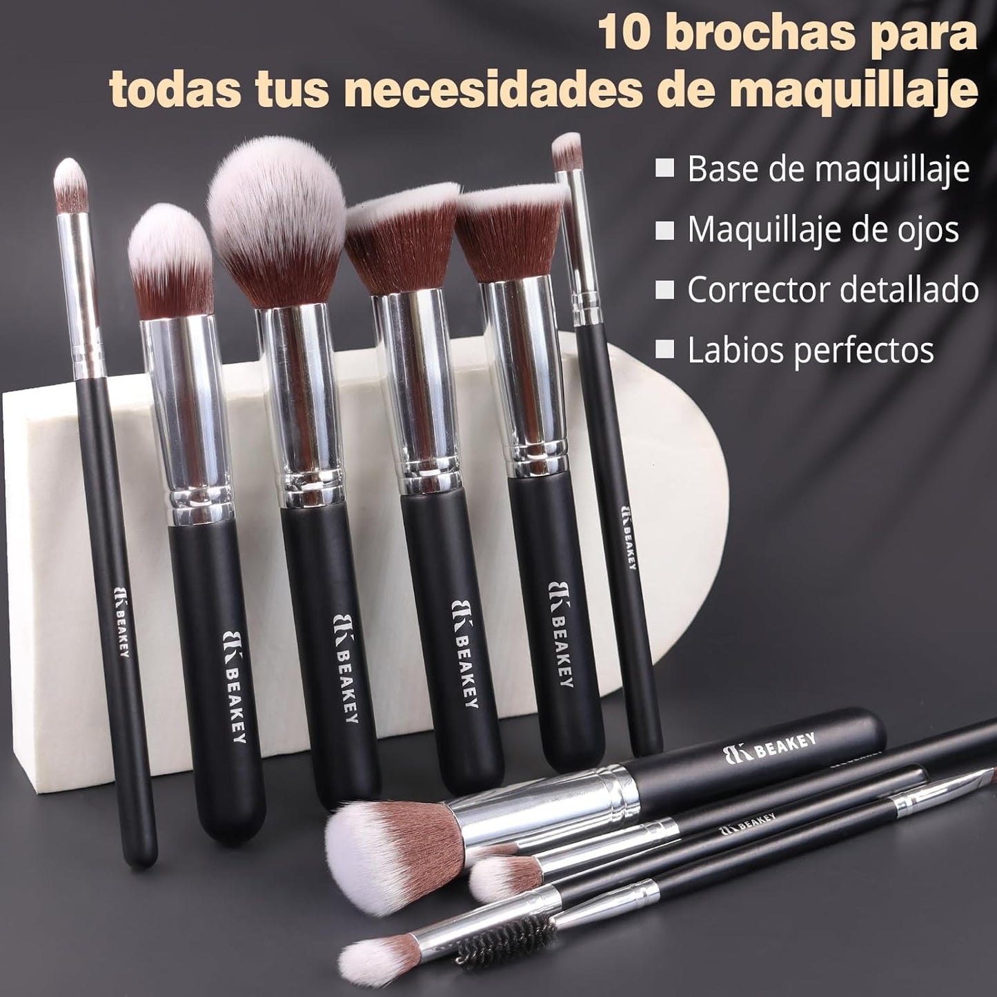 BEAKEY Set De Brochas De Maquillaje Profesional, 10+2 Brochas Sintéticas Para Base, Polvos, Ojos, Rubor Y Contorno, Con Esponja Blender (Negro/Plateado)