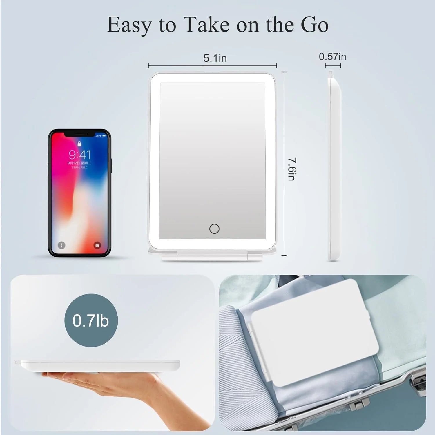 LED Foldable Travel Makeup Mirror 3 Colors Light Modes USB Rechargeable Touch Screen Portable Tabletop Cosmetic Mirror White