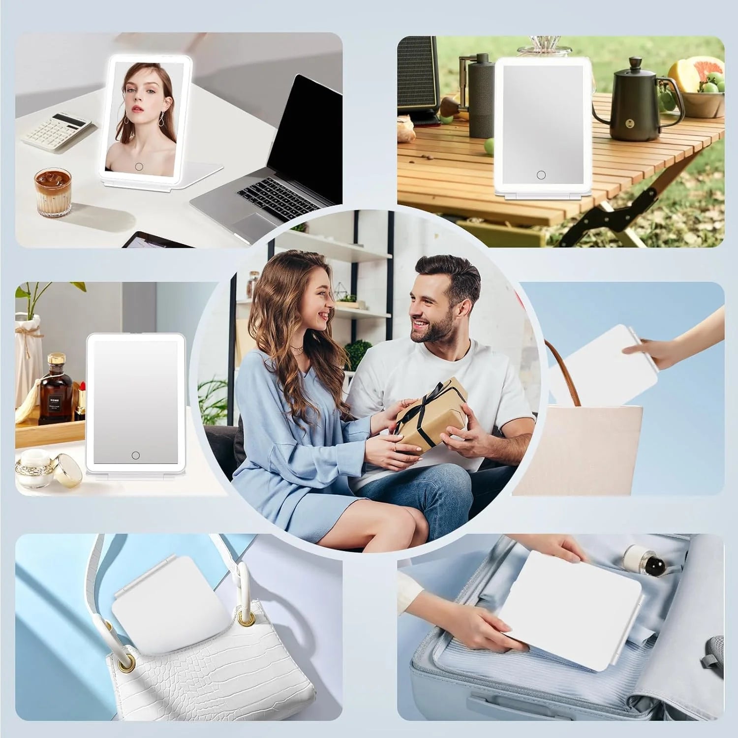 LED Foldable Travel Makeup Mirror 3 Colors Light Modes USB Rechargeable Touch Screen Portable Tabletop Cosmetic Mirror White