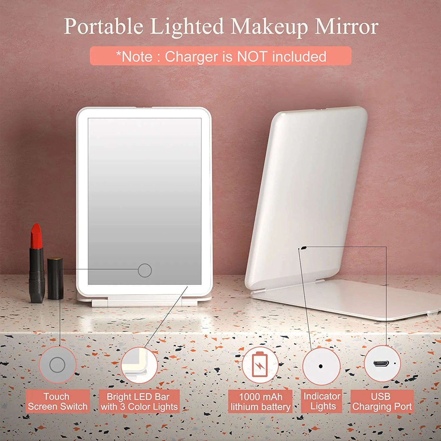 LED Foldable Travel Makeup Mirror 3 Colors Light Modes USB Rechargeable Touch Screen Portable Tabletop Cosmetic Mirror White