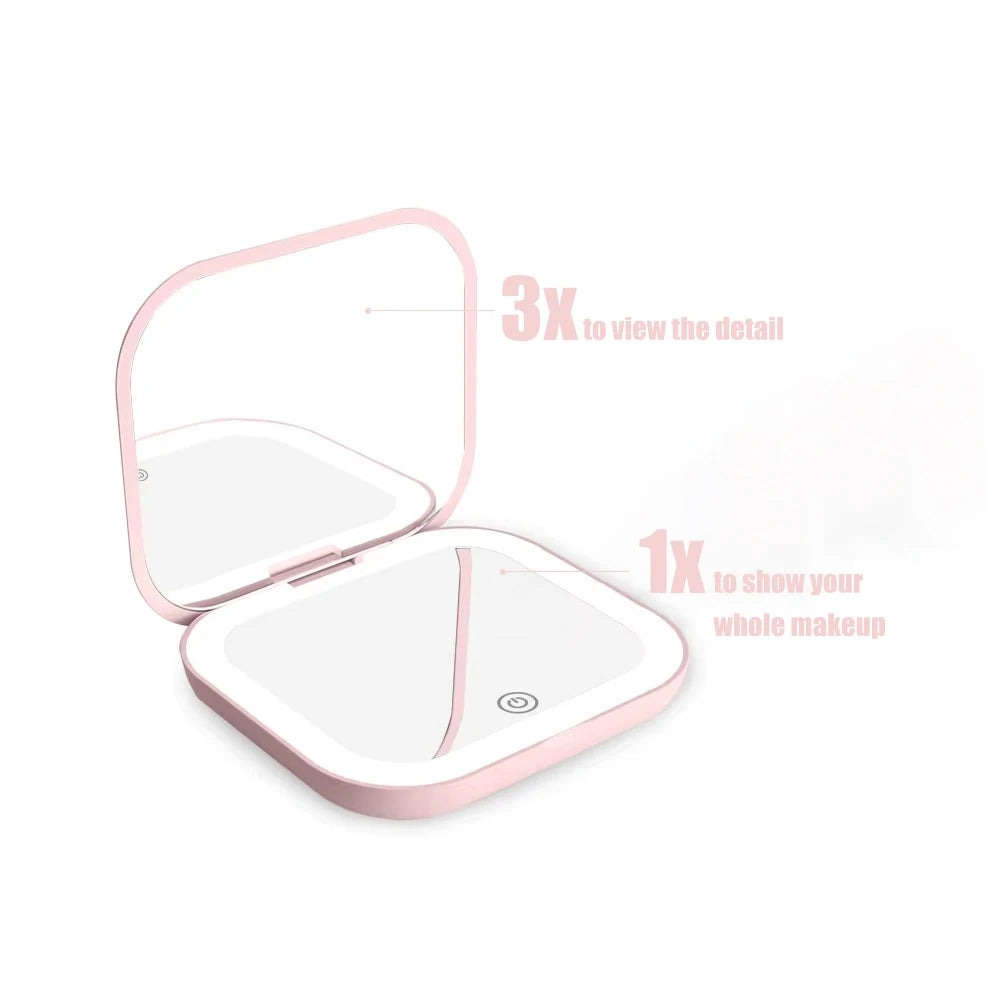 Portable Compact Folding Cosmetic Mirror with LED Lights and 2X Magnification for Travel
