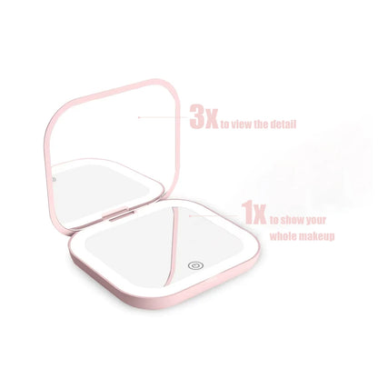 Portable Compact Folding Cosmetic Mirror with LED Lights and 2X Magnification for Travel