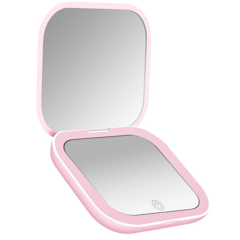 Portable Compact Folding Cosmetic Mirror with LED Lights and 2X Magnification for Travel