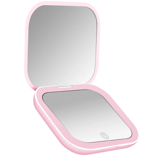 Portable Compact Folding Cosmetic Mirror with LED Lights and 2X Magnification for Travel