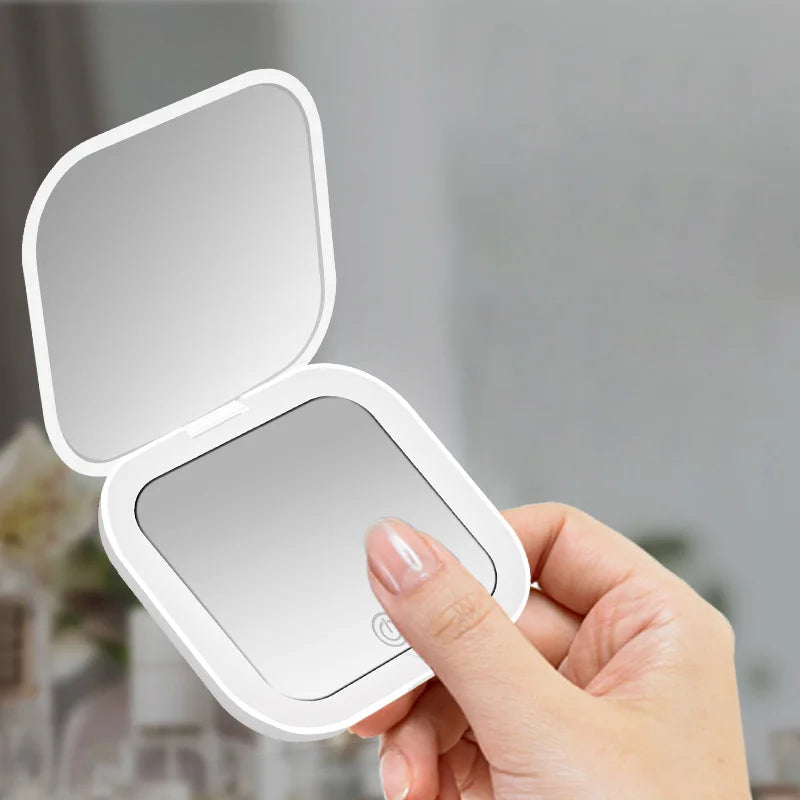 Portable Compact Folding Cosmetic Mirror with LED Lights and 2X Magnification for Travel