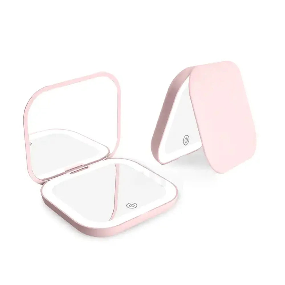 Portable Compact Folding Cosmetic Mirror with LED Lights and 2X Magnification for Travel