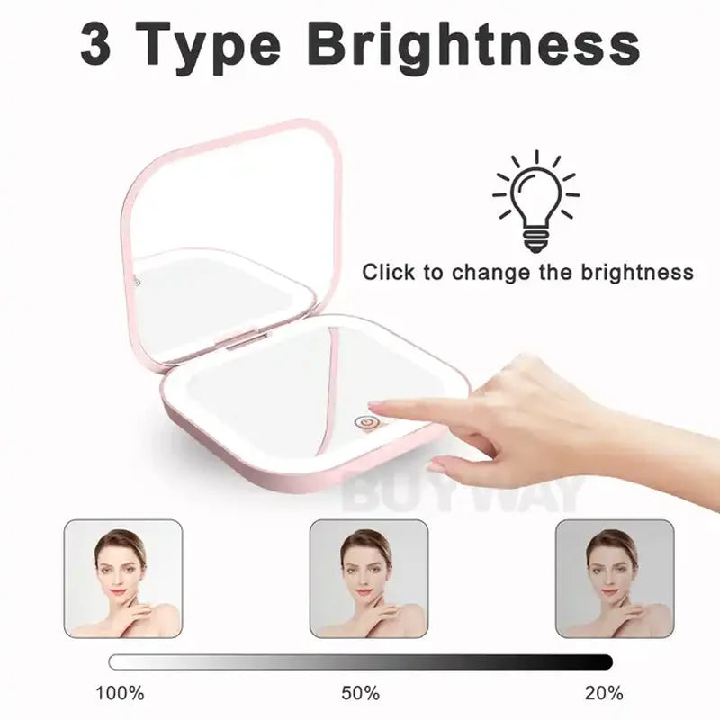 Portable Compact Folding Cosmetic Mirror with LED Lights and 2X Magnification for Travel