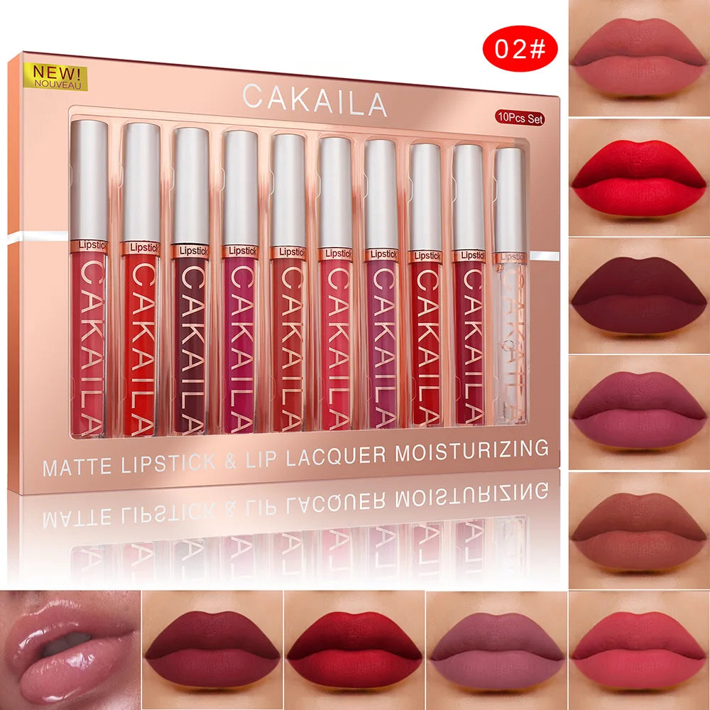 10Pcs/Set Nude Lip Gloss Matte Velvet Lipstick Waterproof Long-Lasting Liquid Lipstick Women Moist Lip Tint