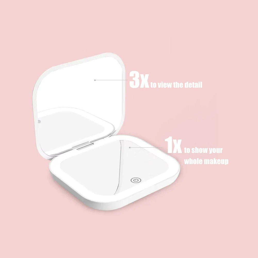 Portable Compact Folding Cosmetic Mirror with LED Lights and 2X Magnification for Travel