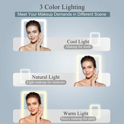 LED Foldable Travel Makeup Mirror 3 Colors Light Modes USB Rechargeable Touch Screen Portable Tabletop Cosmetic Mirror White