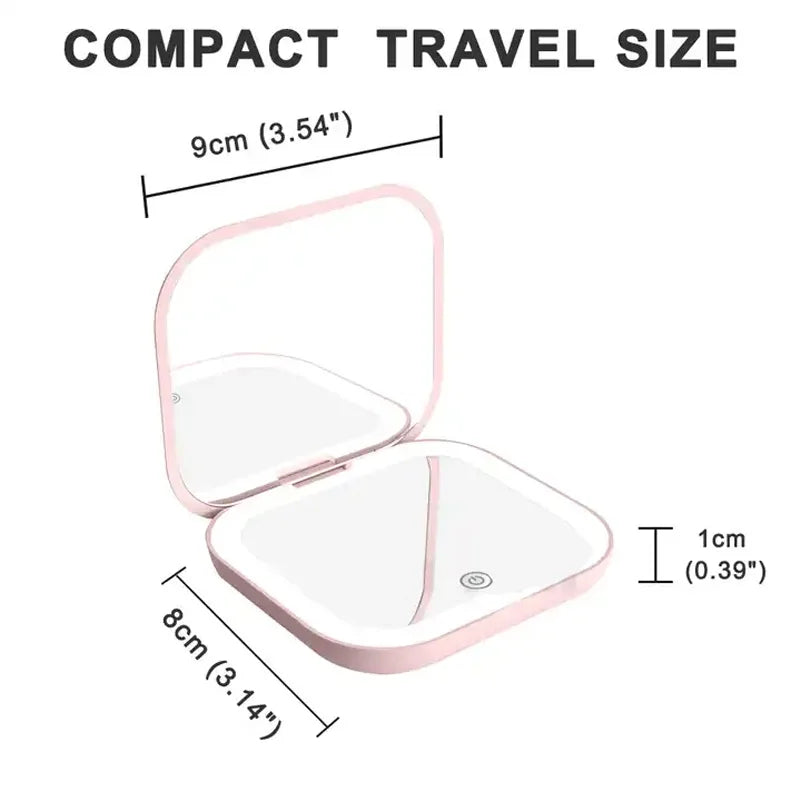 Portable Compact Folding Cosmetic Mirror with LED Lights and 2X Magnification for Travel