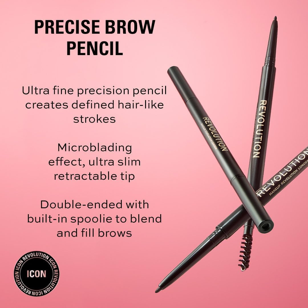 Makeup Revolution, Precise Brow Pencil, Lápiz De Cejas De Doble Punta Y Pincel En Espiral, Punta Fina, Marrón Medio, 9G