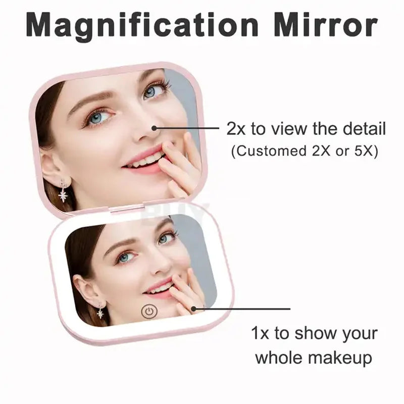 Portable Compact Folding Cosmetic Mirror with LED Lights and 2X Magnification for Travel