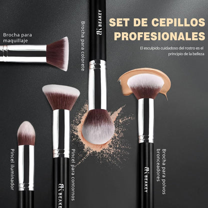 BEAKEY Set De Brochas De Maquillaje Profesional, 10+2 Brochas Sintéticas Para Base, Polvos, Ojos, Rubor Y Contorno, Con Esponja Blender (Negro/Plateado)