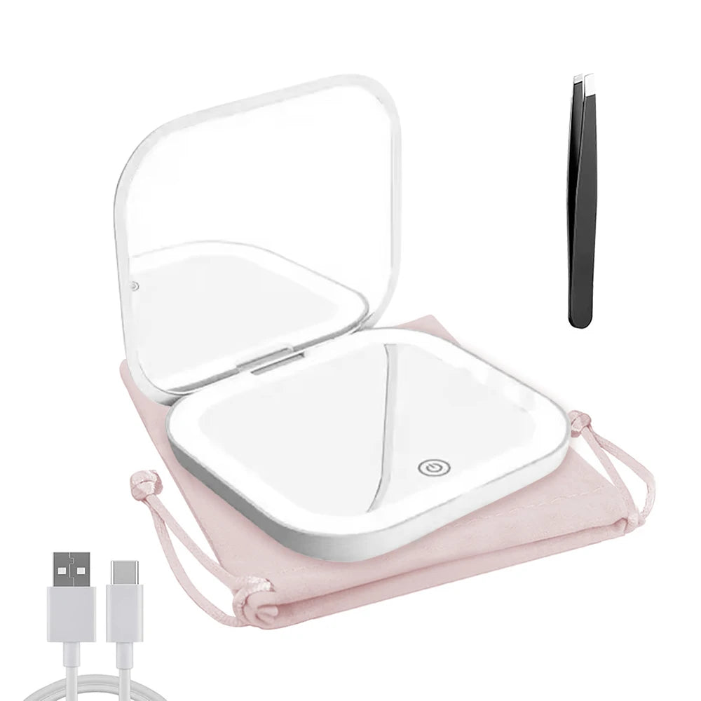 Portable Compact Folding Cosmetic Mirror with LED Lights and 2X Magnification for Travel